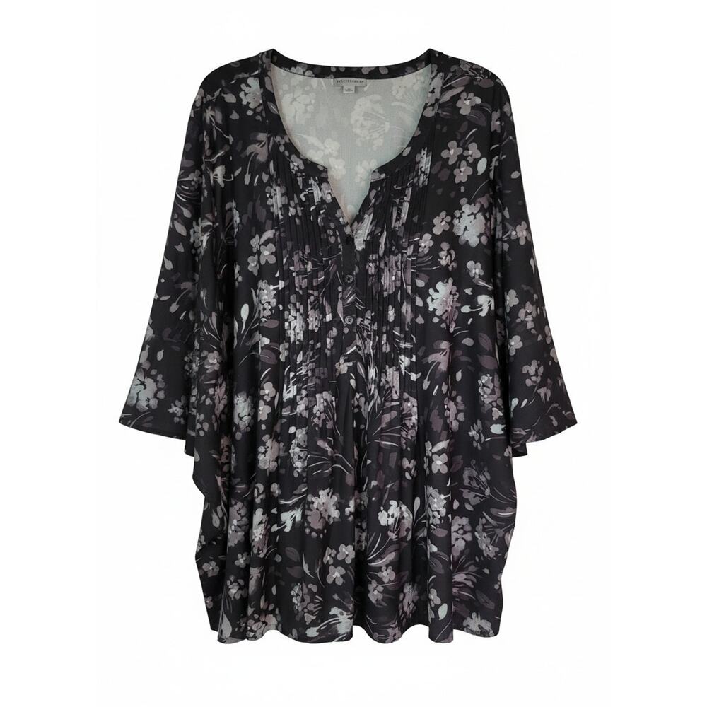 Catherines Black Gray Top Quarter Button Tuck Pleat Bodice Flared 3/4 Sleeve 4XL